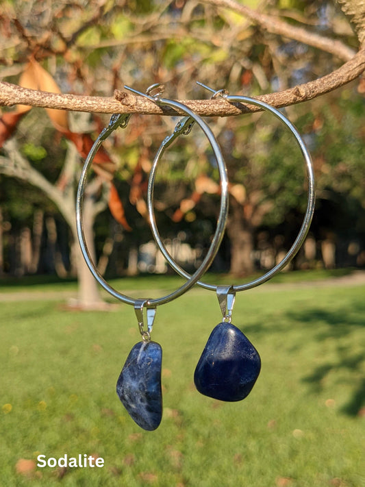 Enchanted Stone Hoop Earrings with suspended natural Brazilian gemstones — available in Fire Agate, Sodalite, or Milk Quartz – Mother Mystique Jewelry