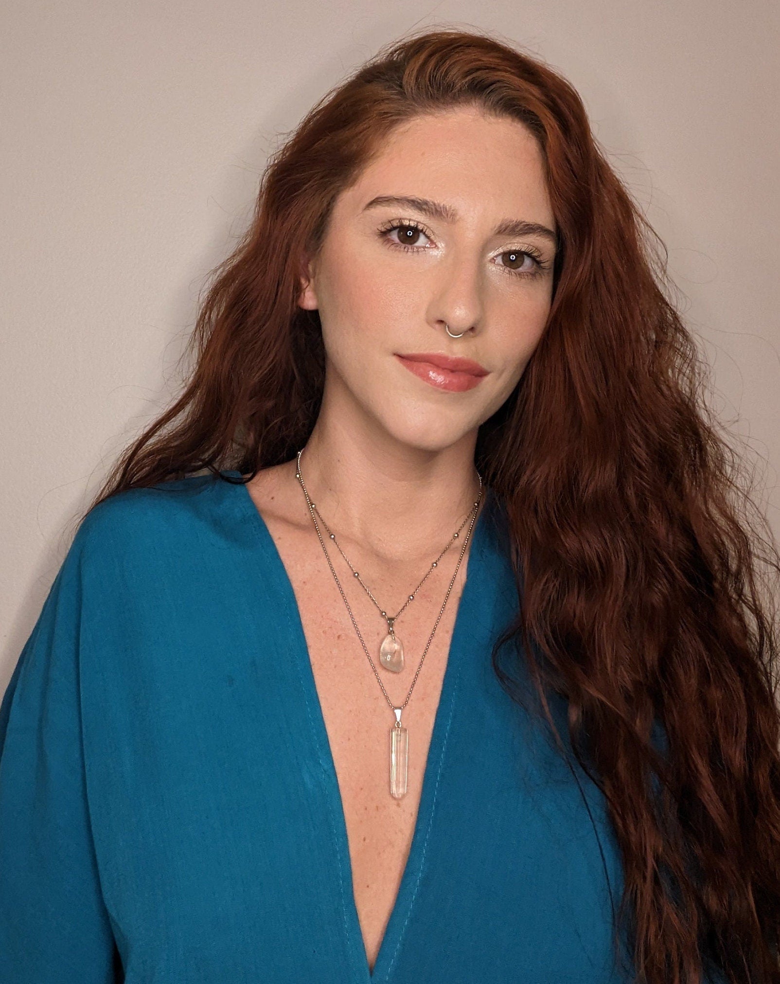 Dual Dimensions Necklace available in Brazilian aventurine or clear quartz β featuring a tumbled stone and a crystal point β Mother Mystique Jewelry