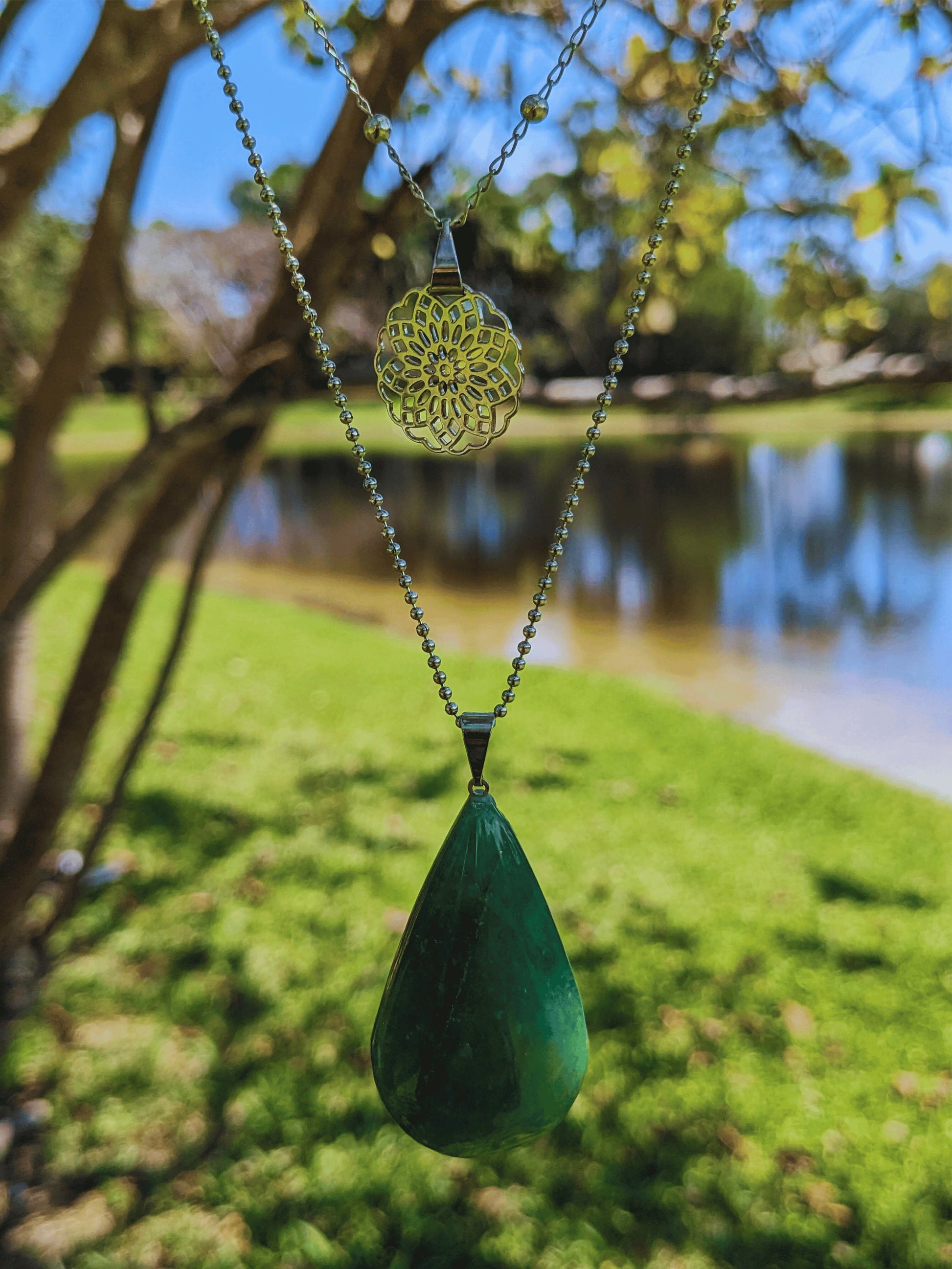 Celestial Twin Necklace with mandala charm and faceted Brazilian gemstone drop β available in blue quartz, rose quartz, or aventurine β Mother Mystique Jewelry