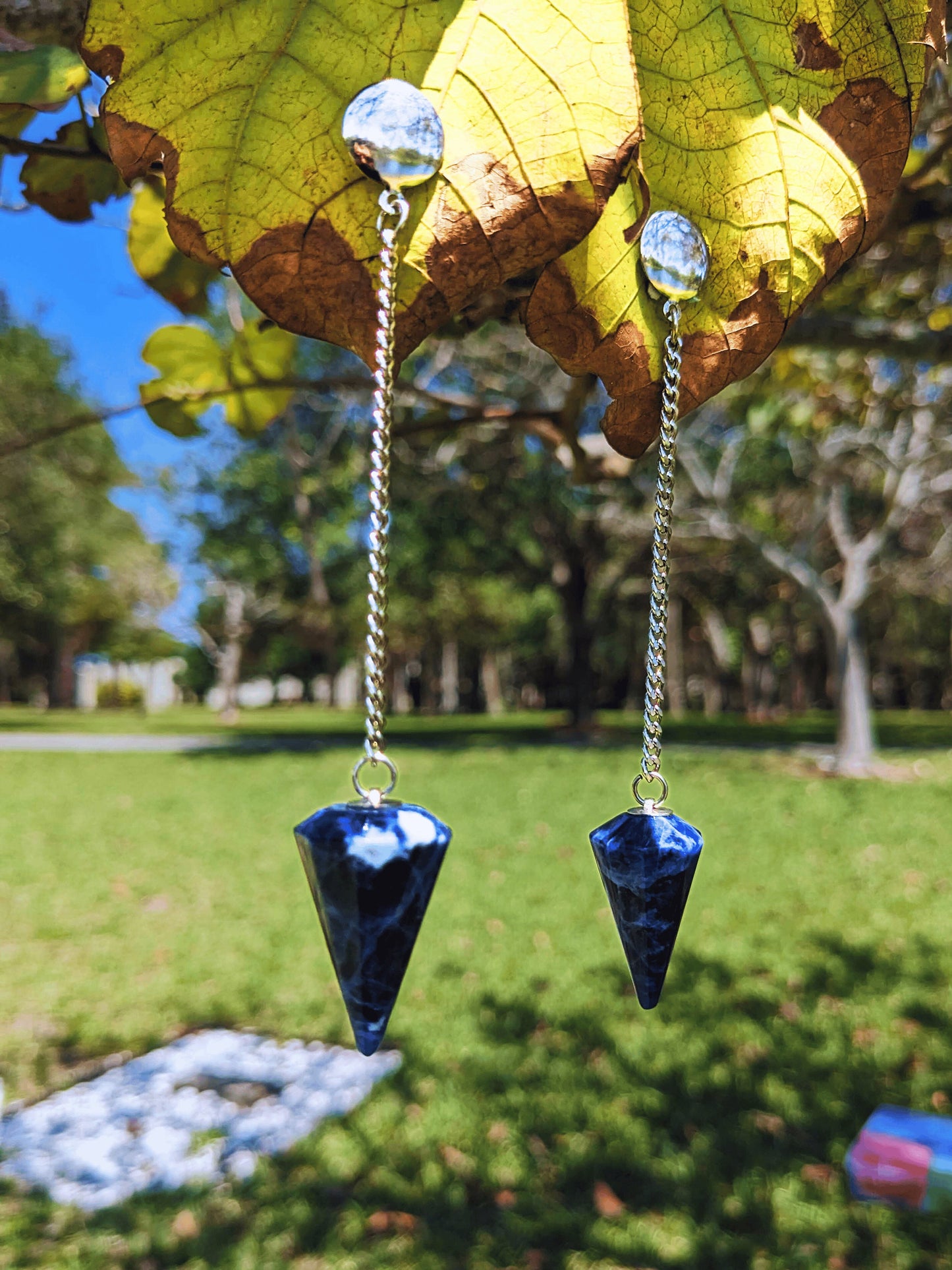 Mystic Pendulum Swing Earrings with Brazilian amazonite and sodalite stones โ Mother Mystique Jewelry