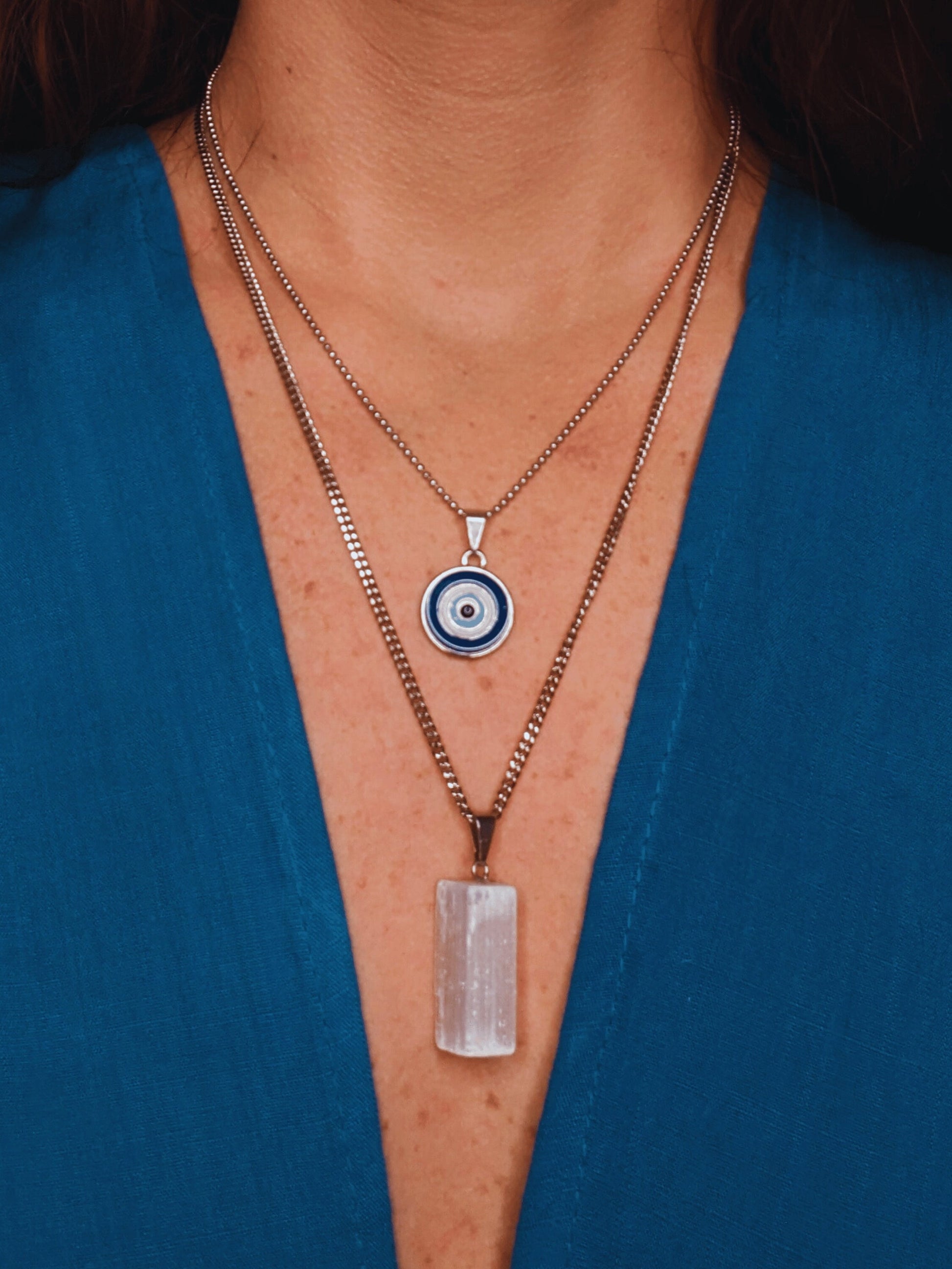 Double-Layered Necklace with evil eye charm and raw Brazilian selenite pendant โ Mother Mystique Jewelry