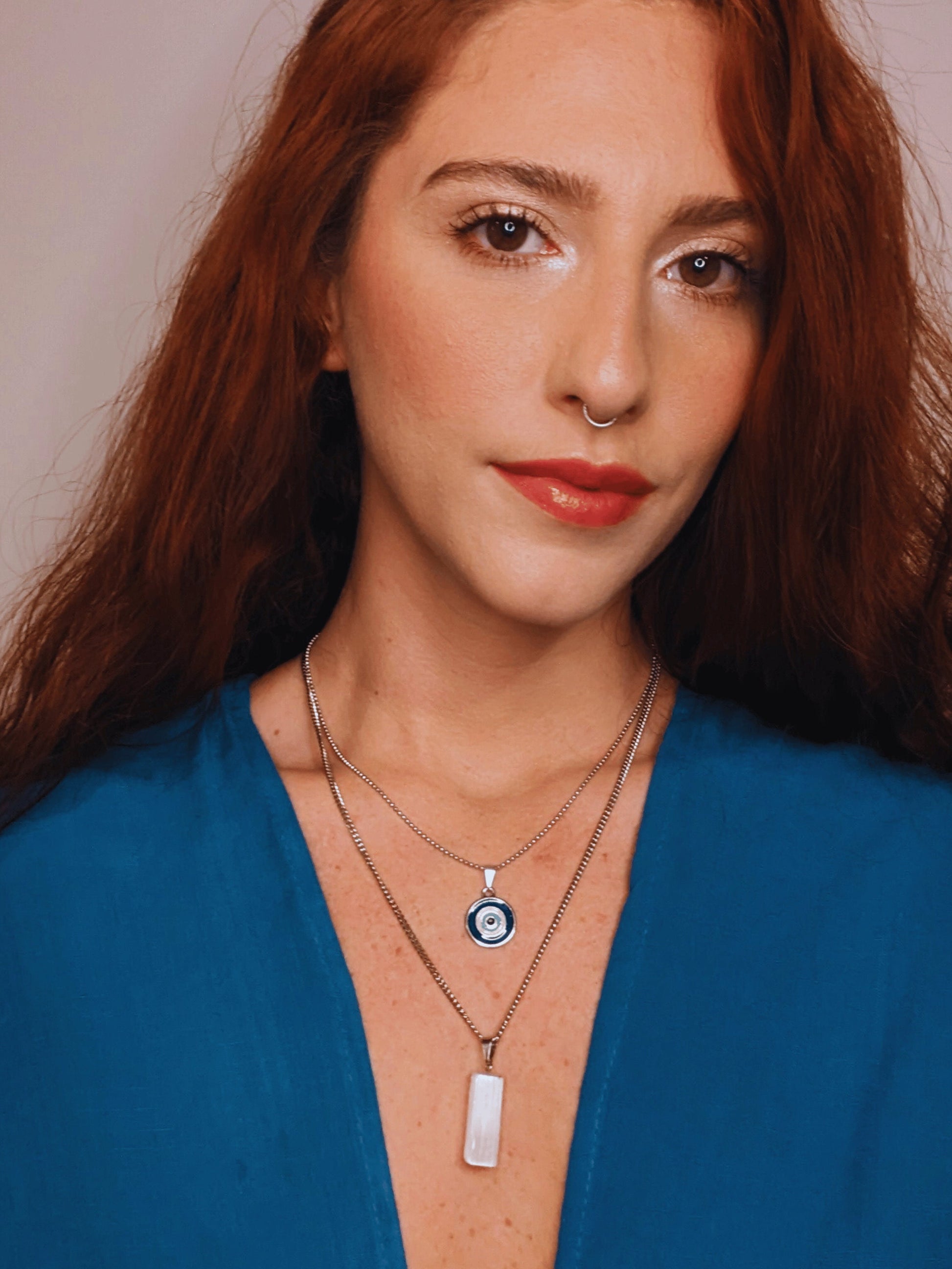 Double-Layered Necklace with evil eye charm and raw Brazilian selenite pendant โ Mother Mystique Jewelry