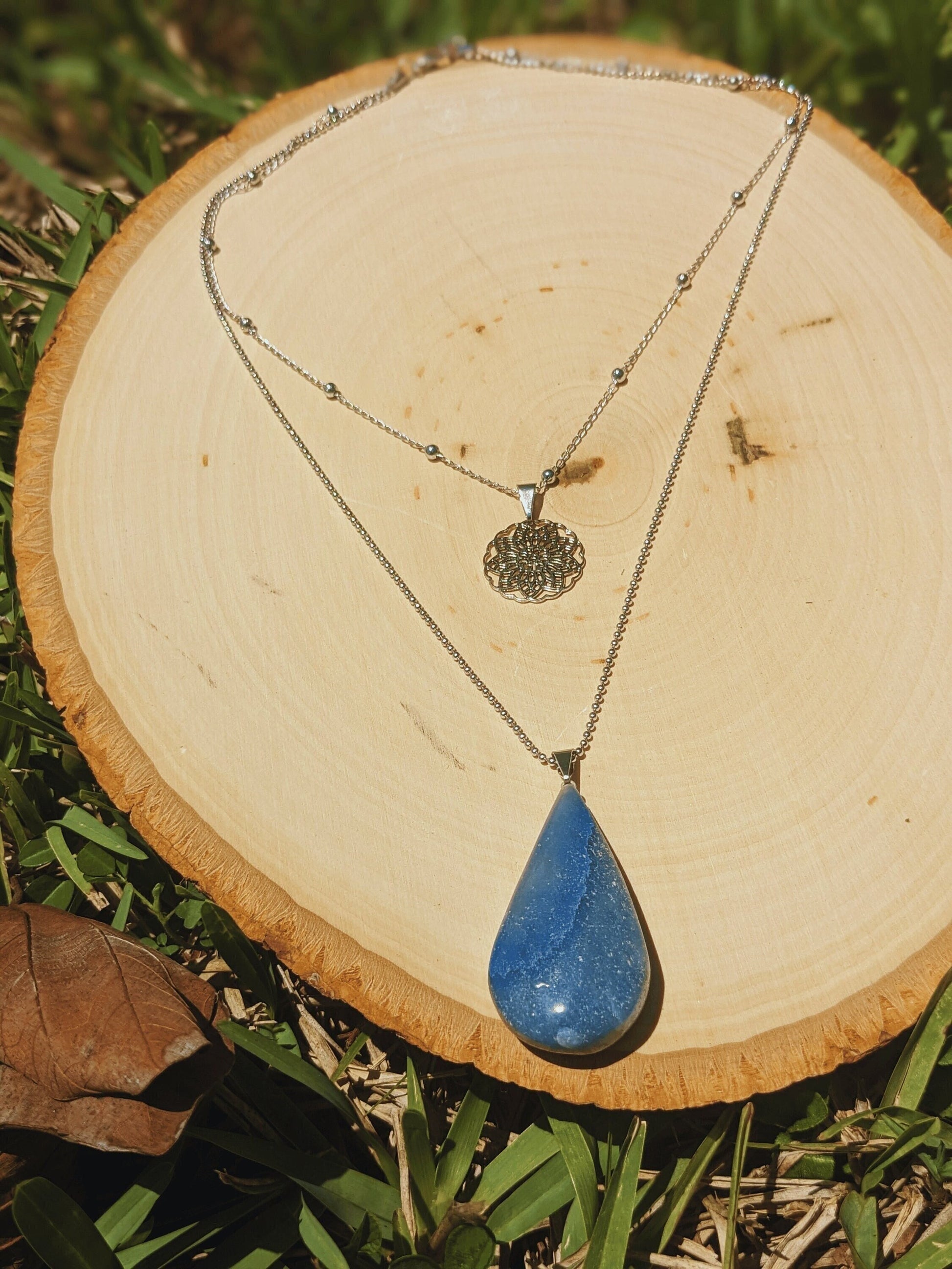 Celestial Twin Necklace with mandala charm and faceted Brazilian gemstone drop β available in blue quartz, rose quartz, or aventurine β Mother Mystique Jewelry
