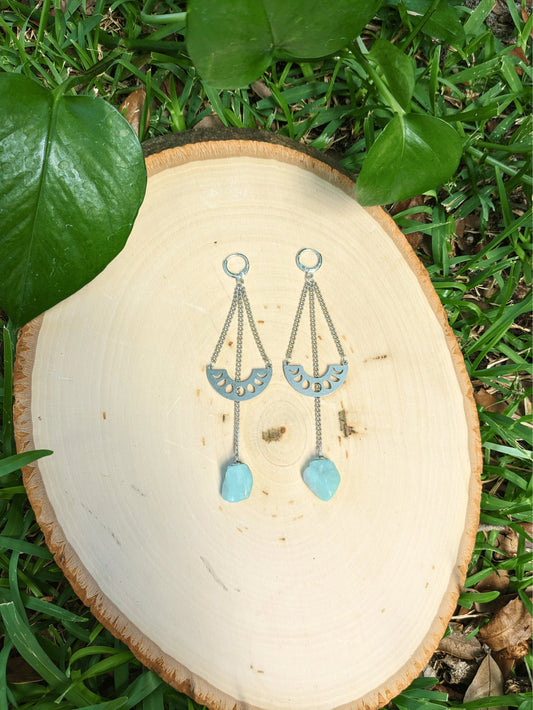 Green Moonbeam Earrings with natural Brazilian Amazonite and moon phase pendant on silver-toned chains – Mother Mystique Jewelry