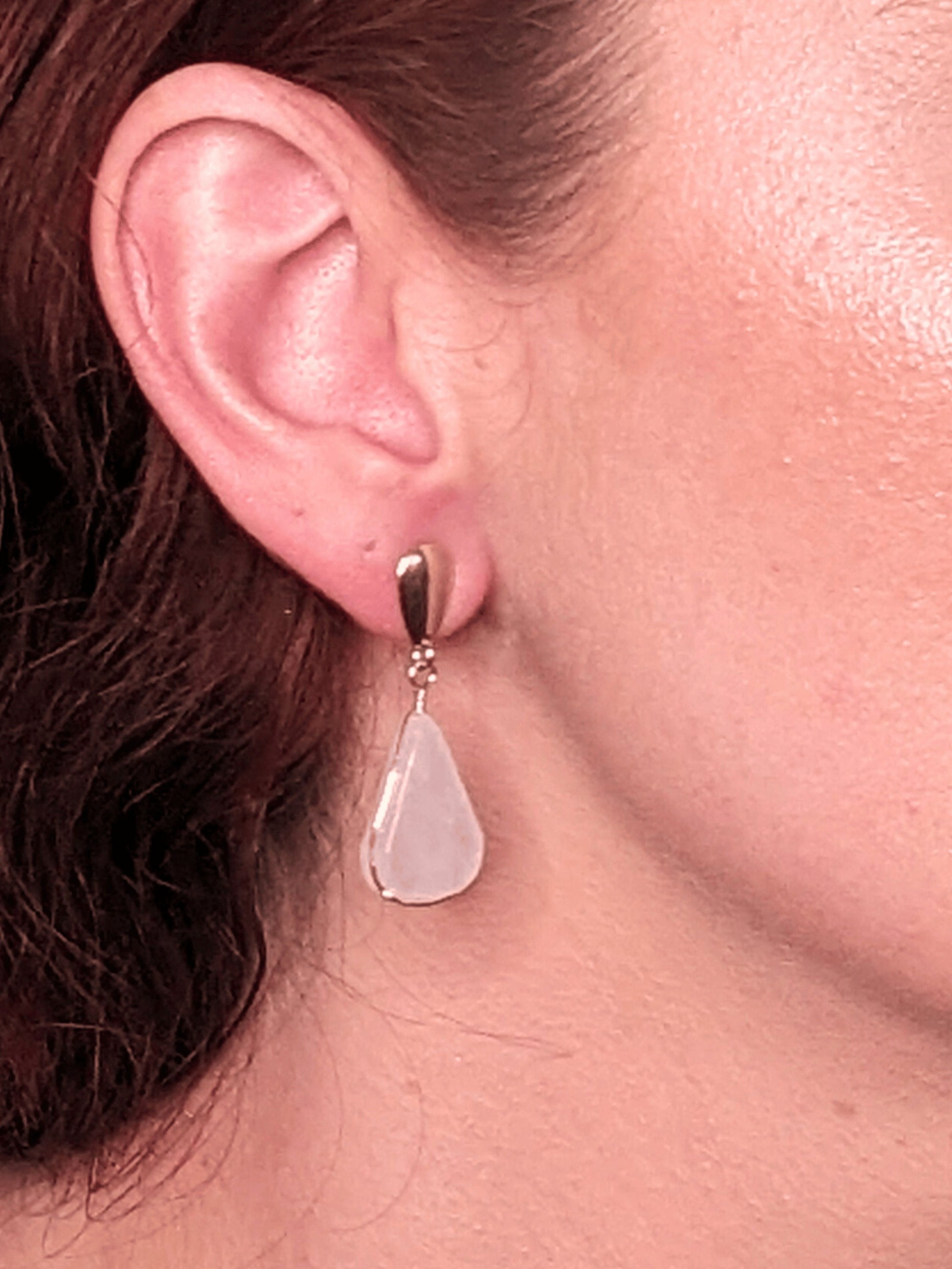 Droplet Delight Earrings with natural Brazilian gemstones — available in tiger’s eye, amazonite, blue quartz, or rose quartz – Mother Mystique Jewelry
