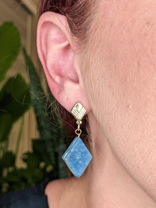 Lozenge Earrings with faceted natural Brazilian gemstones — available in green quartz, blue quartz, rose quartz, milk quartz, or crystal quartz – Mother Mystique Jewelry