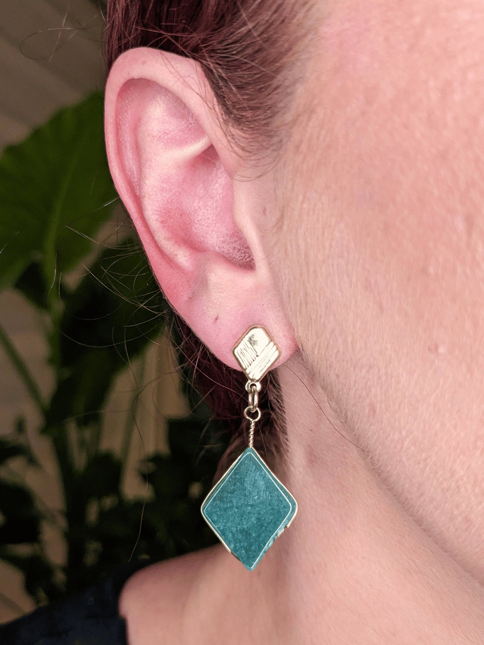 Lozenge Earrings with faceted natural Brazilian gemstones β available in green quartz, blue quartz, rose quartz, milk quartz, or crystal quartz β Mother Mystique Jewelry