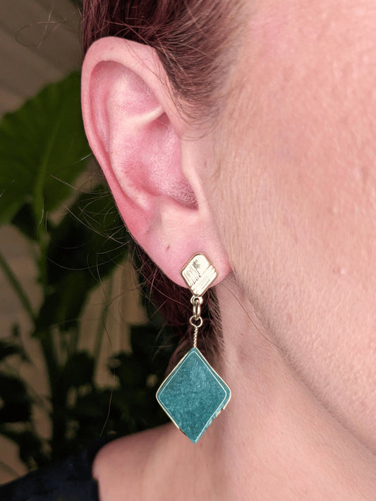 Lozenge Earrings with faceted natural Brazilian gemstones — available in green quartz, blue quartz, rose quartz, milk quartz, or crystal quartz – Mother Mystique Jewelry