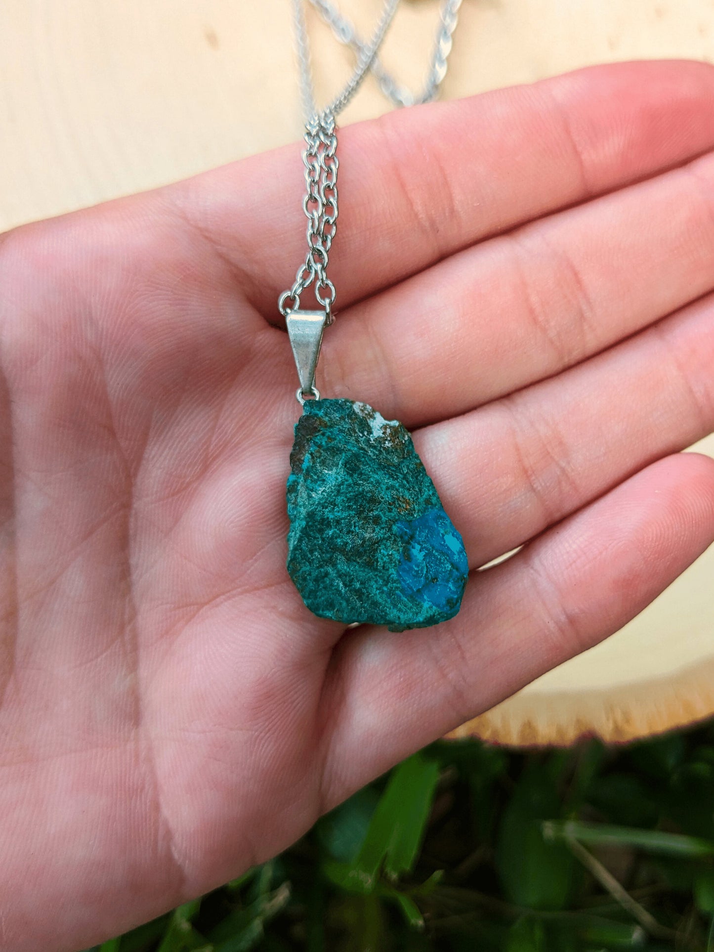 Chrysocolla Floral Twin Necklace with raw Brazilian Chrysocolla pendant and flower charm on tarnish-resistant stainless steel chains – Mother Mystique Jewelry