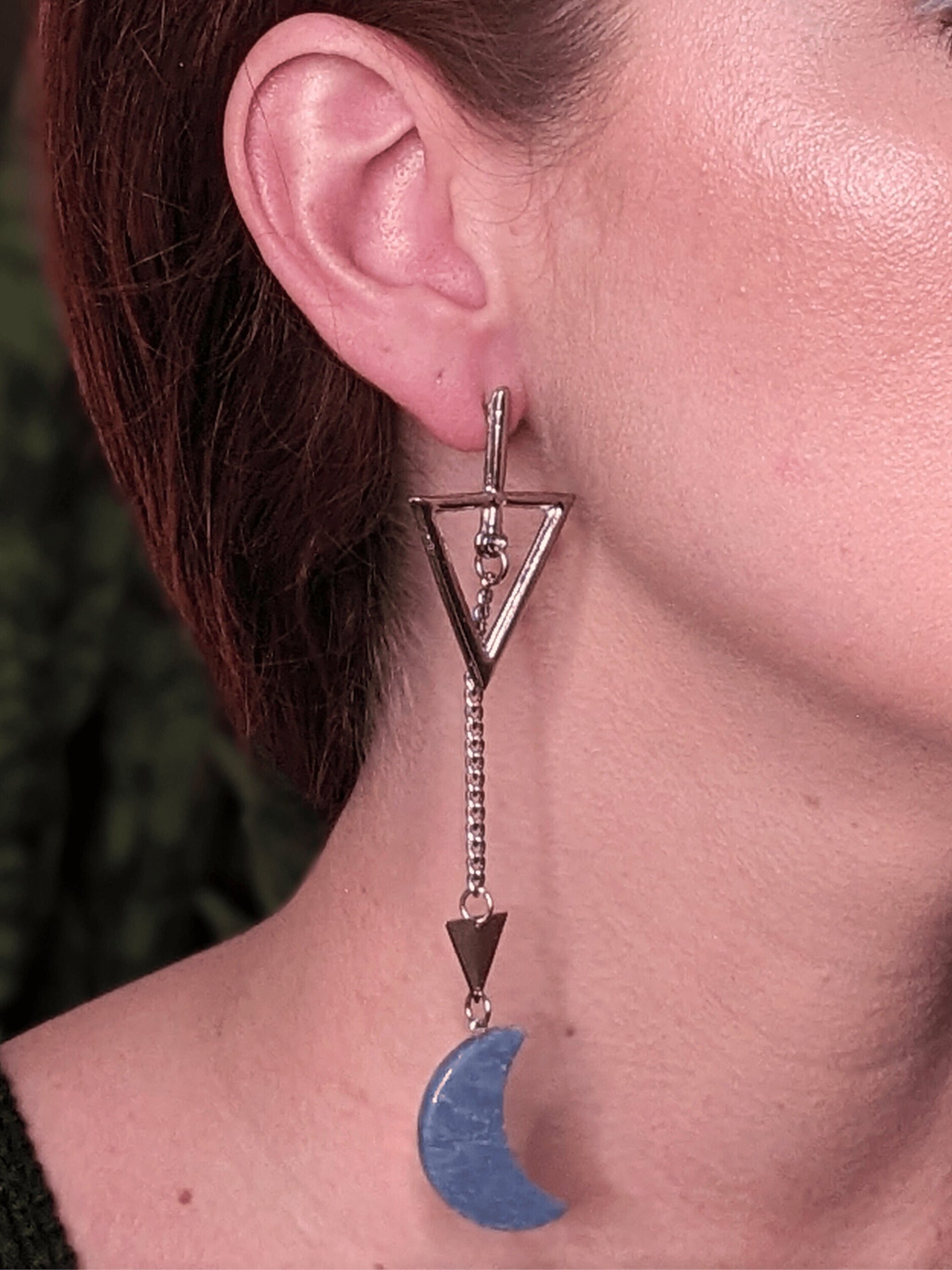 Lunar Quartz Dangle Earrings with crescent moon-shaped Brazilian gemstones β available in blue quartz or aventurine β Mother Mystique Jewelry