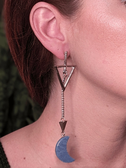 Lunar Quartz Dangle Earrings with crescent moon-shaped Brazilian gemstones — available in blue quartz or aventurine – Mother Mystique Jewelry
