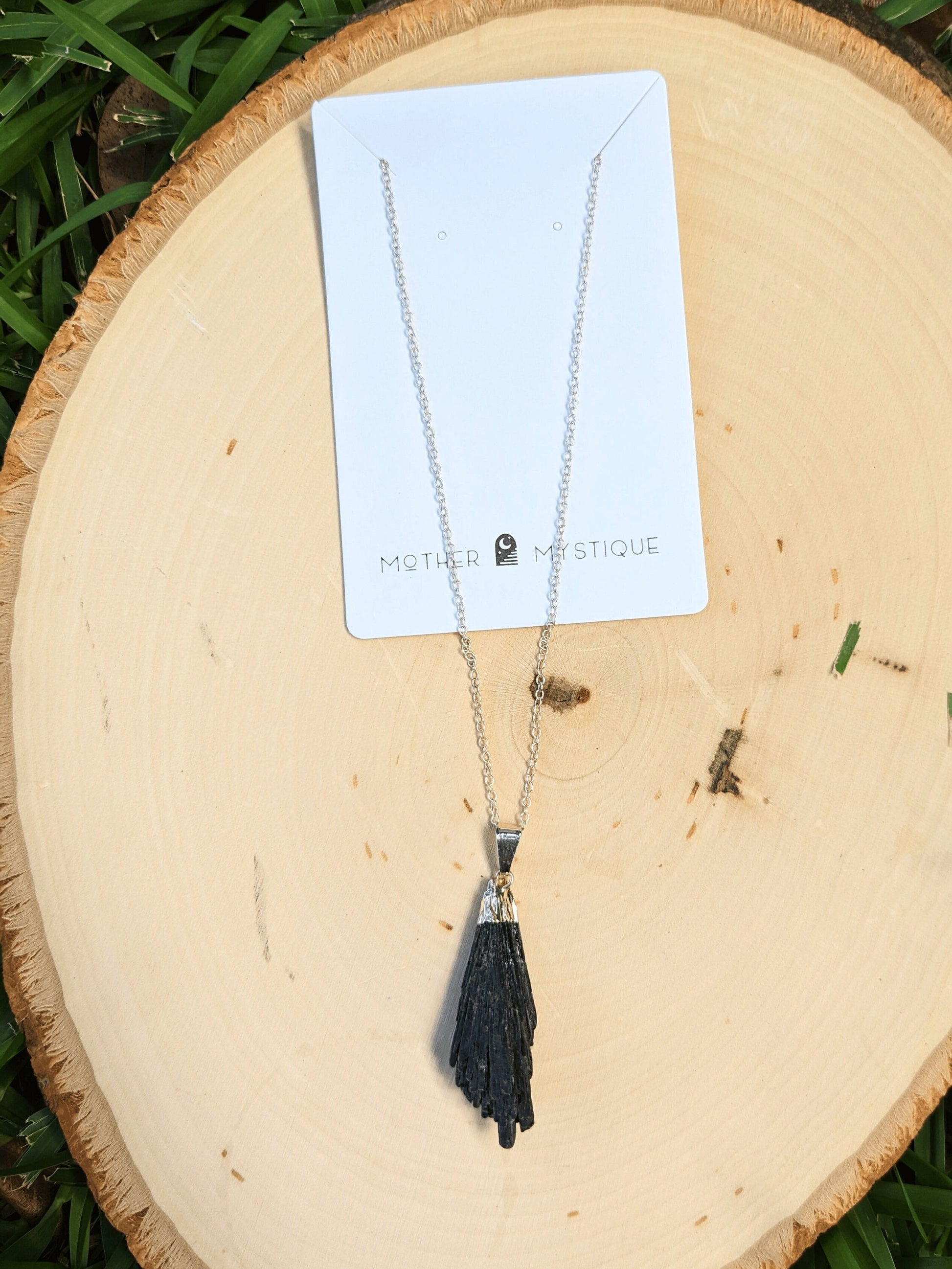 Kyanite Broomstick Necklace with raw Black Kyanite pendant and silver-plated chain โ Mother Mystique Jewelry