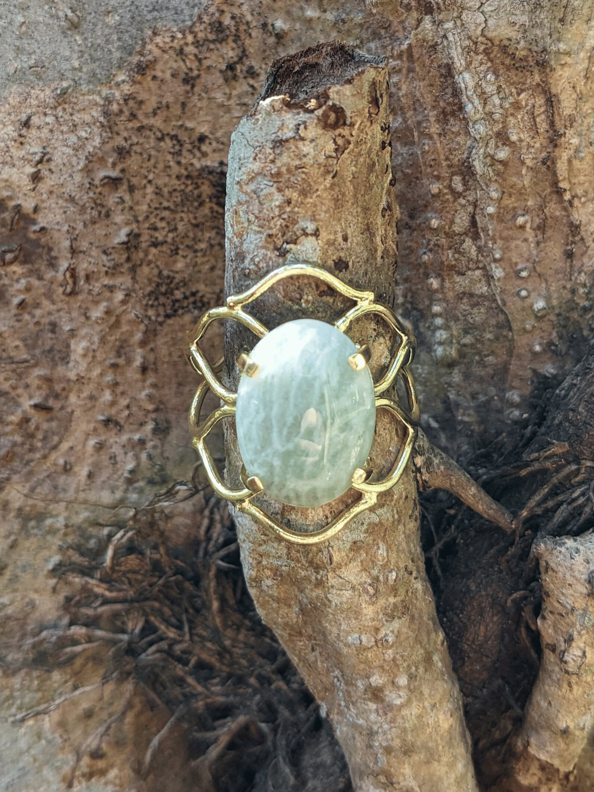 Nature’s Braid Ring with gold-toned braided band and natural Brazilian gemstone — available in Tiger’s Eye, Citrine, Amazonite, Black Onyx, or Blue Sodalite – Mother Mystique Jewelry