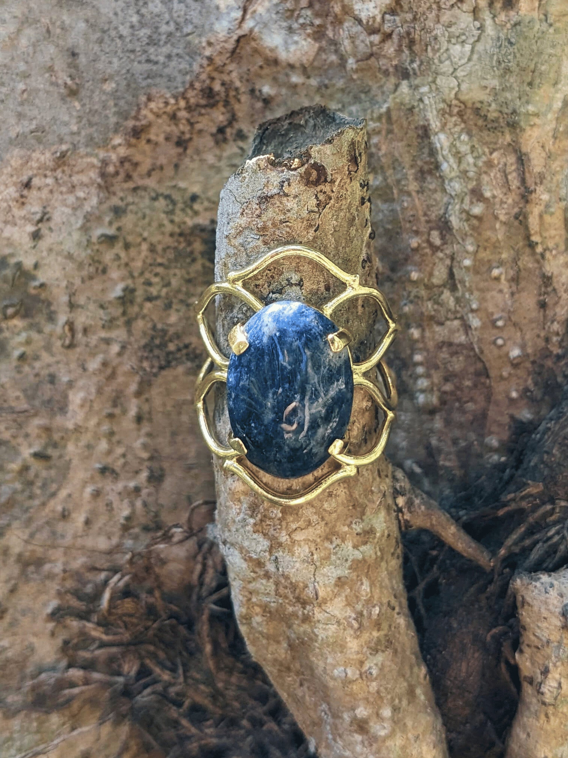 Nature’s Braid Ring with gold-toned braided band and natural Brazilian gemstone — available in Tiger’s Eye, Citrine, Amazonite, Black Onyx, or Blue Sodalite – Mother Mystique Jewelry