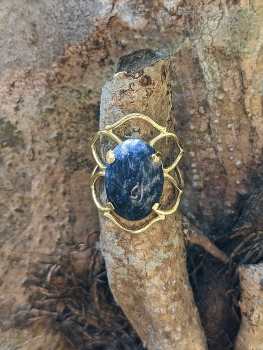Nature’s Braid Ring with gold-toned braided band and natural Brazilian gemstone — available in Tiger’s Eye, Citrine, Amazonite, Black Onyx, or Blue Sodalite – Mother Mystique Jewelry