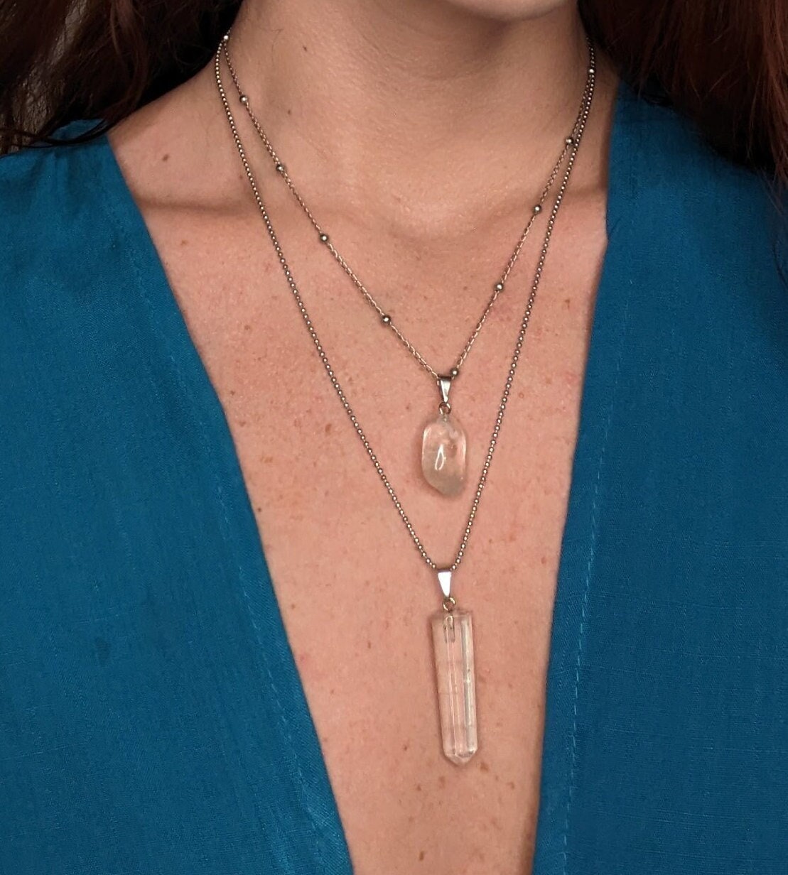 Dual Dimensions Necklace available in Brazilian aventurine or clear quartz β featuring a tumbled stone and a crystal point β Mother Mystique Jewelry
