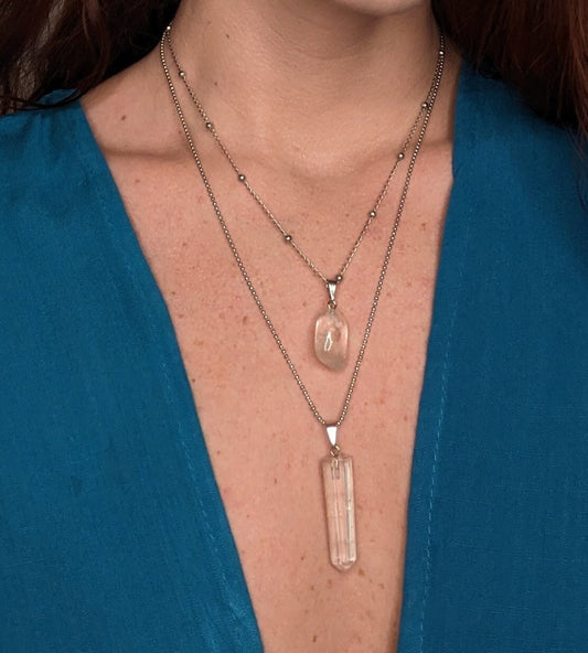 Dual Dimensions Necklace available in Brazilian aventurine or clear quartz – featuring a tumbled stone and a crystal point – Mother Mystique Jewelry