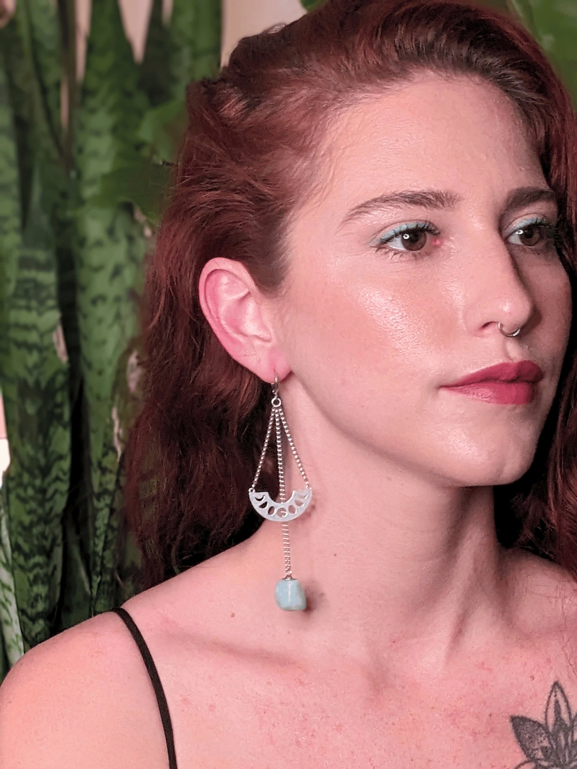 Green Moonbeam Earrings with natural Brazilian Amazonite and moon phase pendant on silver-toned chains – Mother Mystique Jewelry