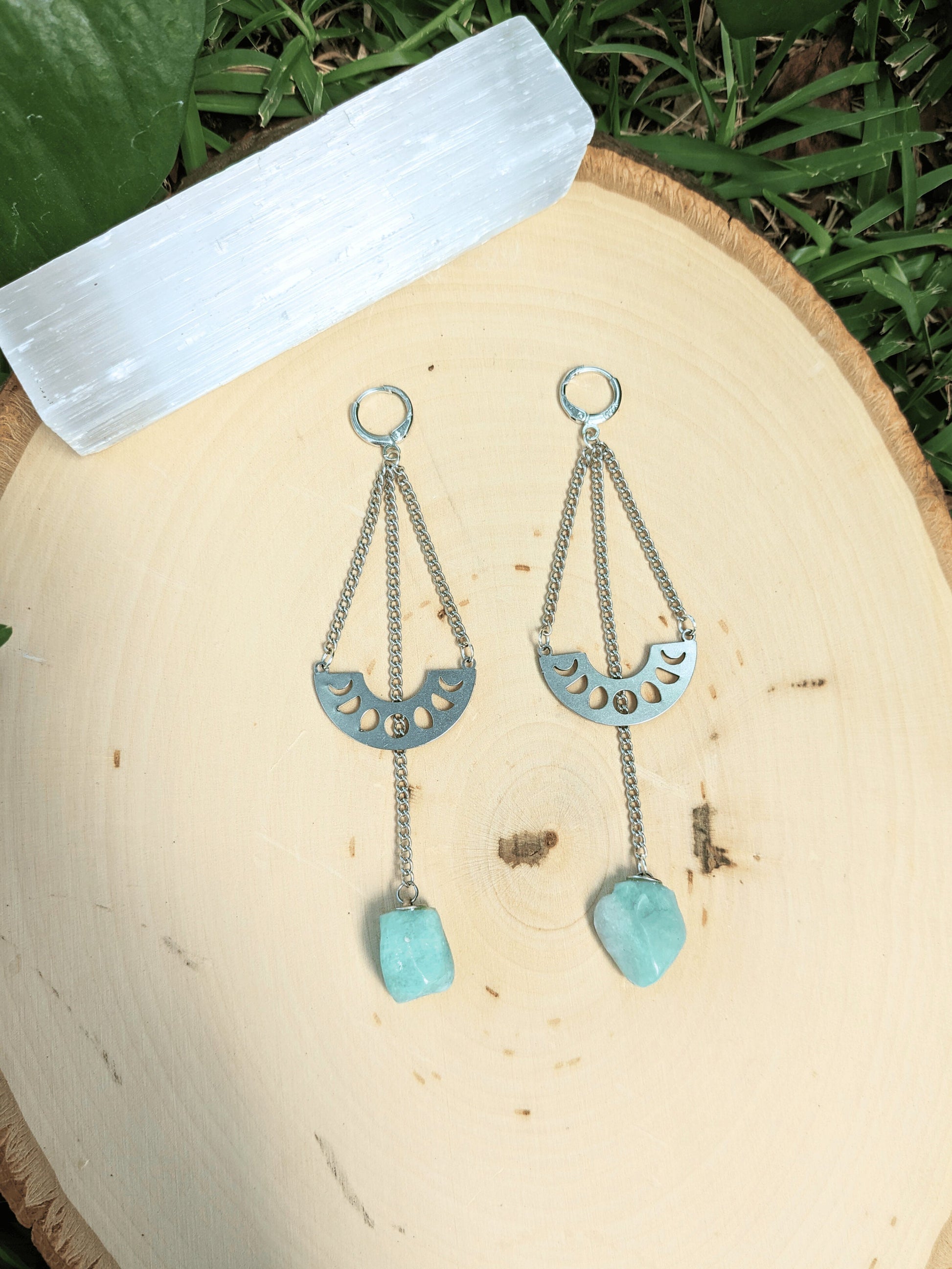 Green Moonbeam Earrings with natural Brazilian Amazonite and moon phase pendant on silver-toned chains – Mother Mystique Jewelry