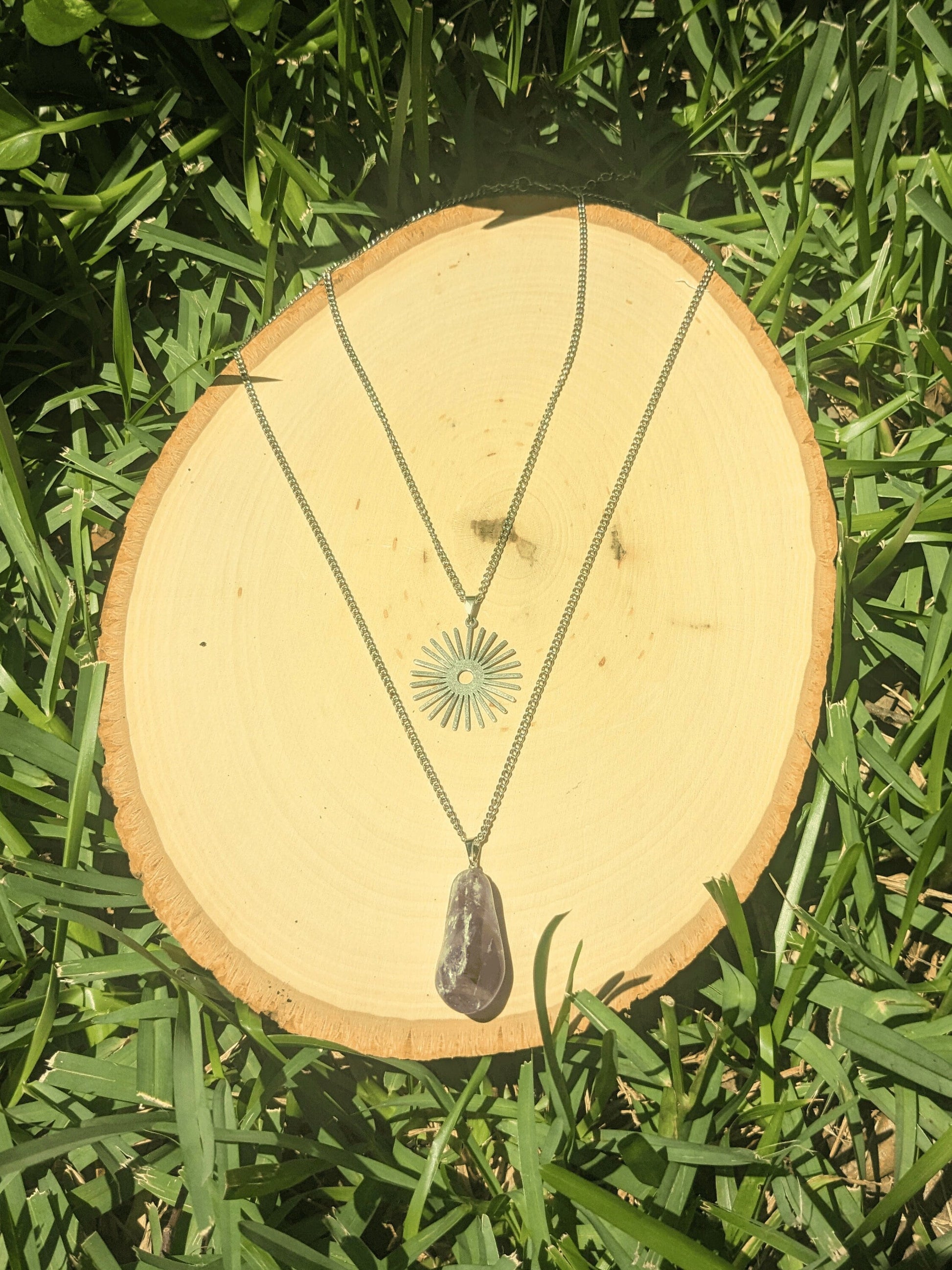 Solar Amethyst Duo Necklace with natural Brazilian Amethyst pendant and radiant sun charm on tarnish-resistant chains – Mother Mystique Jewelry