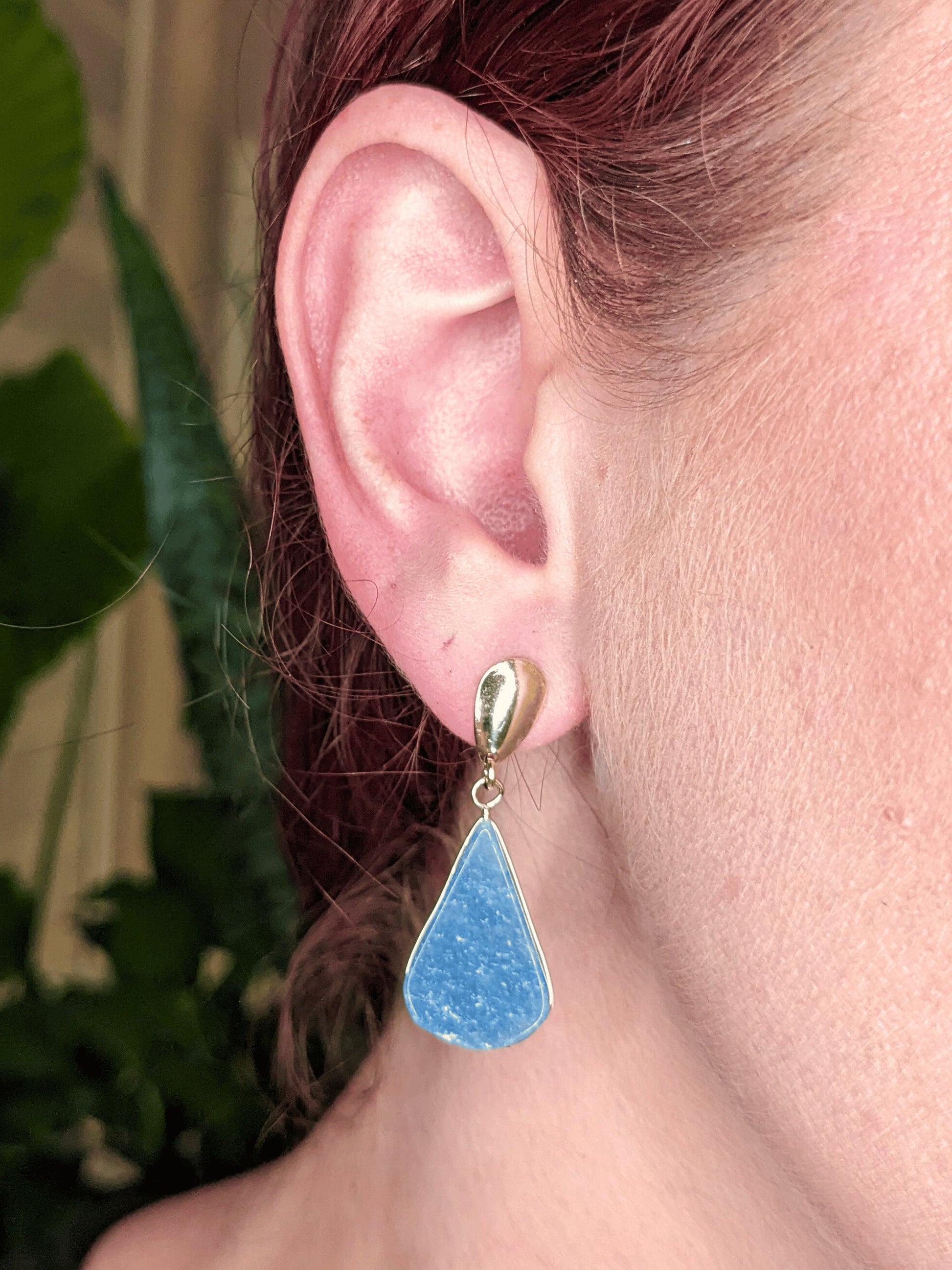 Droplet Delight Earrings with natural Brazilian gemstones — available in tiger’s eye, amazonite, blue quartz, or rose quartz – Mother Mystique Jewelry