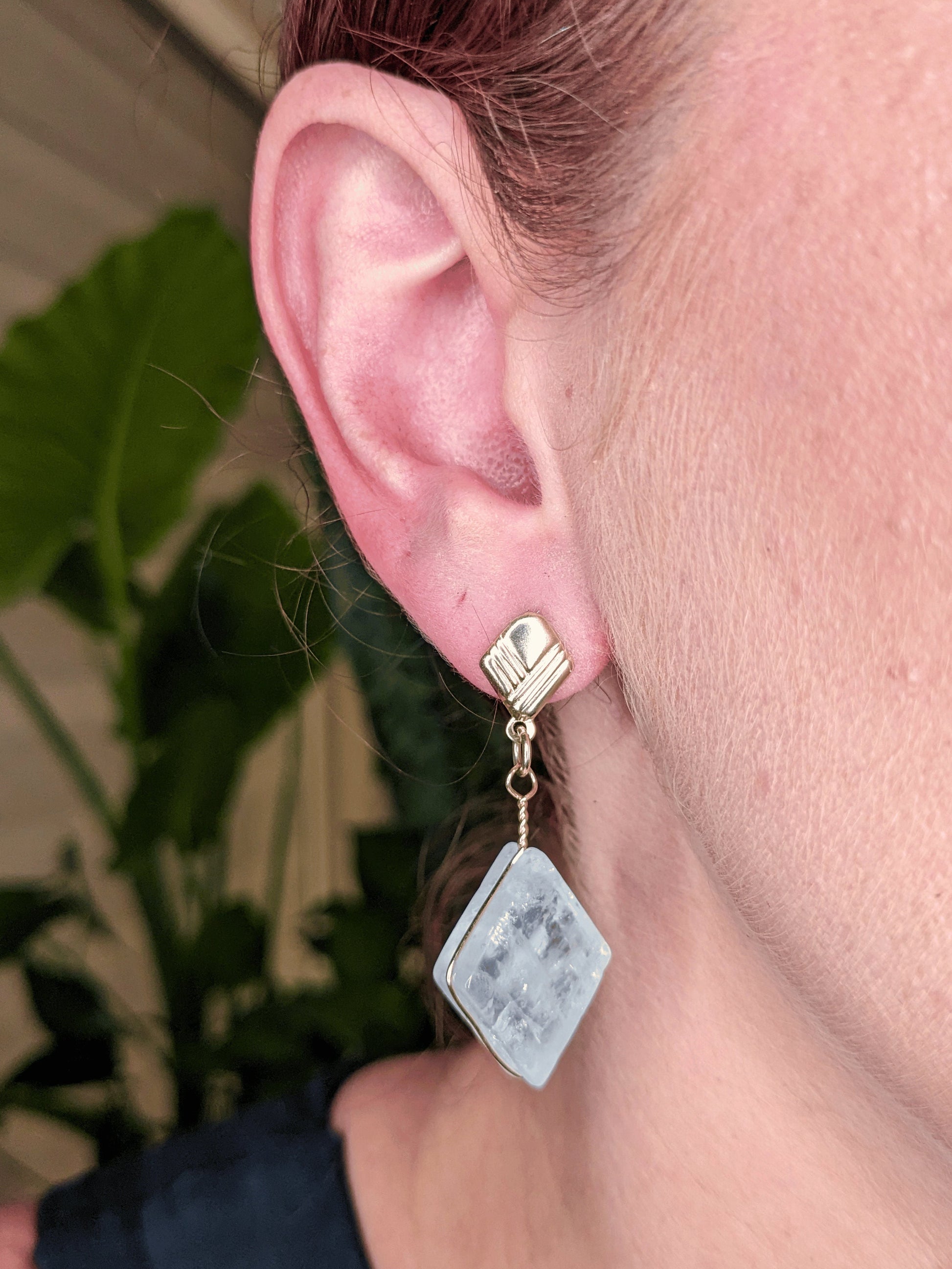 Lozenge Earrings with faceted natural Brazilian gemstones β available in green quartz, blue quartz, rose quartz, milk quartz, or crystal quartz β Mother Mystique Jewelry