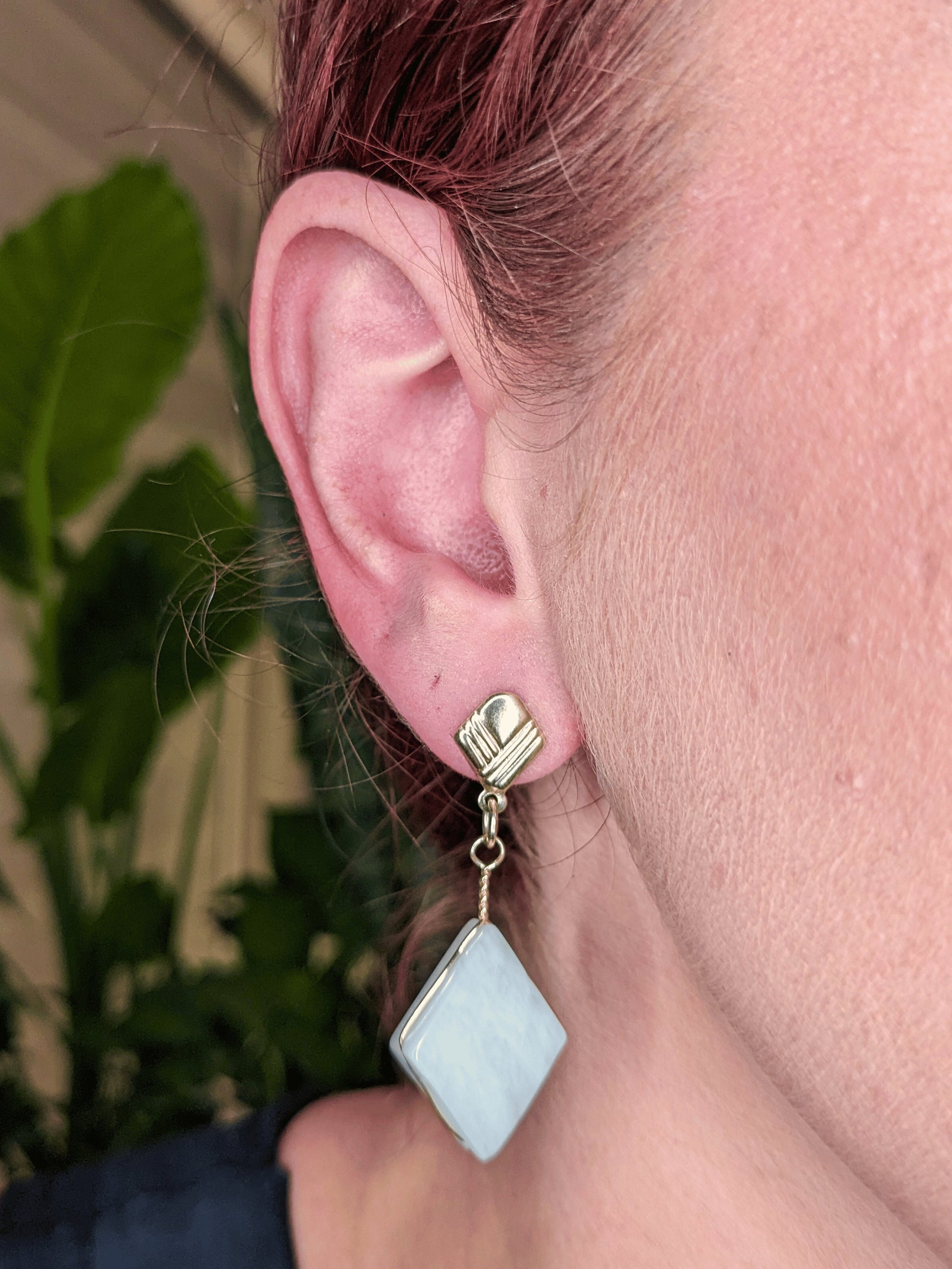 Lozenge Earrings with faceted natural Brazilian gemstones β available in green quartz, blue quartz, rose quartz, milk quartz, or crystal quartz β Mother Mystique Jewelry