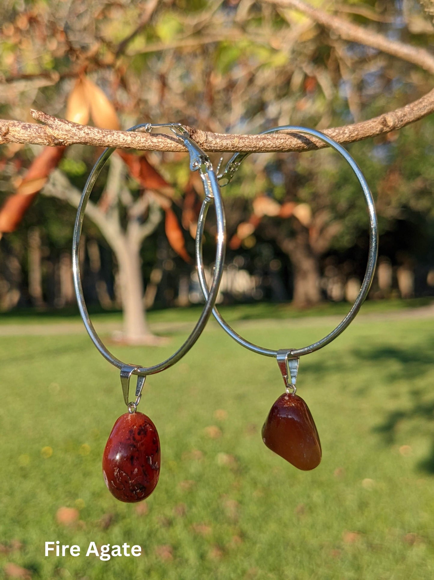 Enchanted Stone Hoop Earrings with suspended natural Brazilian gemstones — available in Fire Agate, Sodalite, or Milk Quartz – Mother Mystique Jewelry