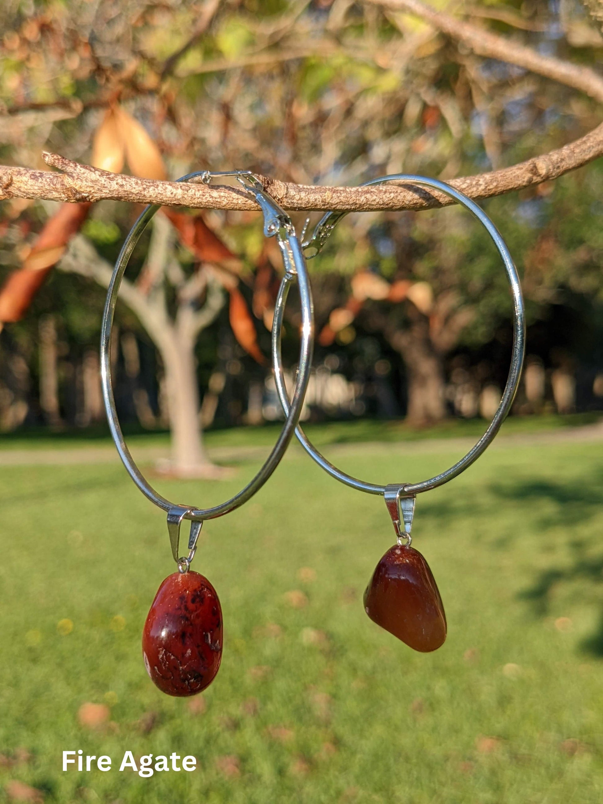 Enchanted Stone Hoop Earrings with suspended natural Brazilian gemstones — available in Fire Agate, Sodalite, or Milk Quartz – Mother Mystique Jewelry