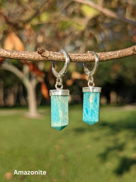 Earth’s Edge Earrings with silver-toned hoops and pointed Brazilian crystal pendants — available in Amazonite, Amethyst, or Rose Quartz – Mother Mystique Jewelry