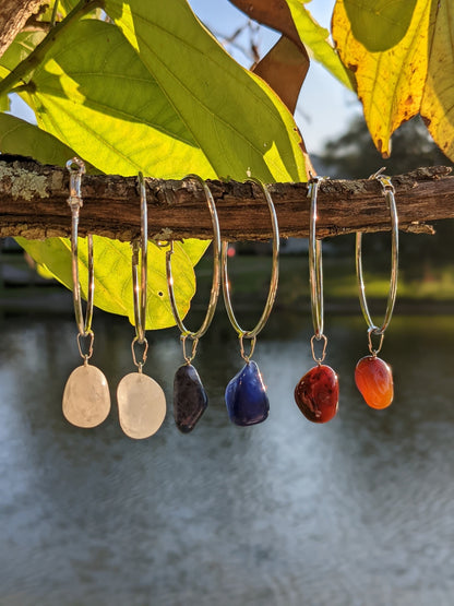 Enchanted Stone Hoop Earrings with suspended natural Brazilian gemstones — available in Fire Agate, Sodalite, or Milk Quartz – Mother Mystique Jewelry