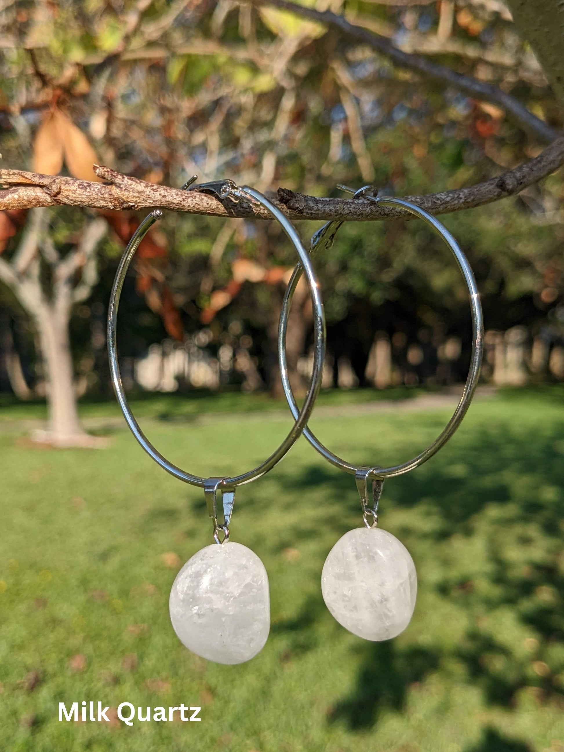 Enchanted Stone Hoop Earrings with suspended natural Brazilian gemstones — available in Fire Agate, Sodalite, or Milk Quartz – Mother Mystique Jewelry