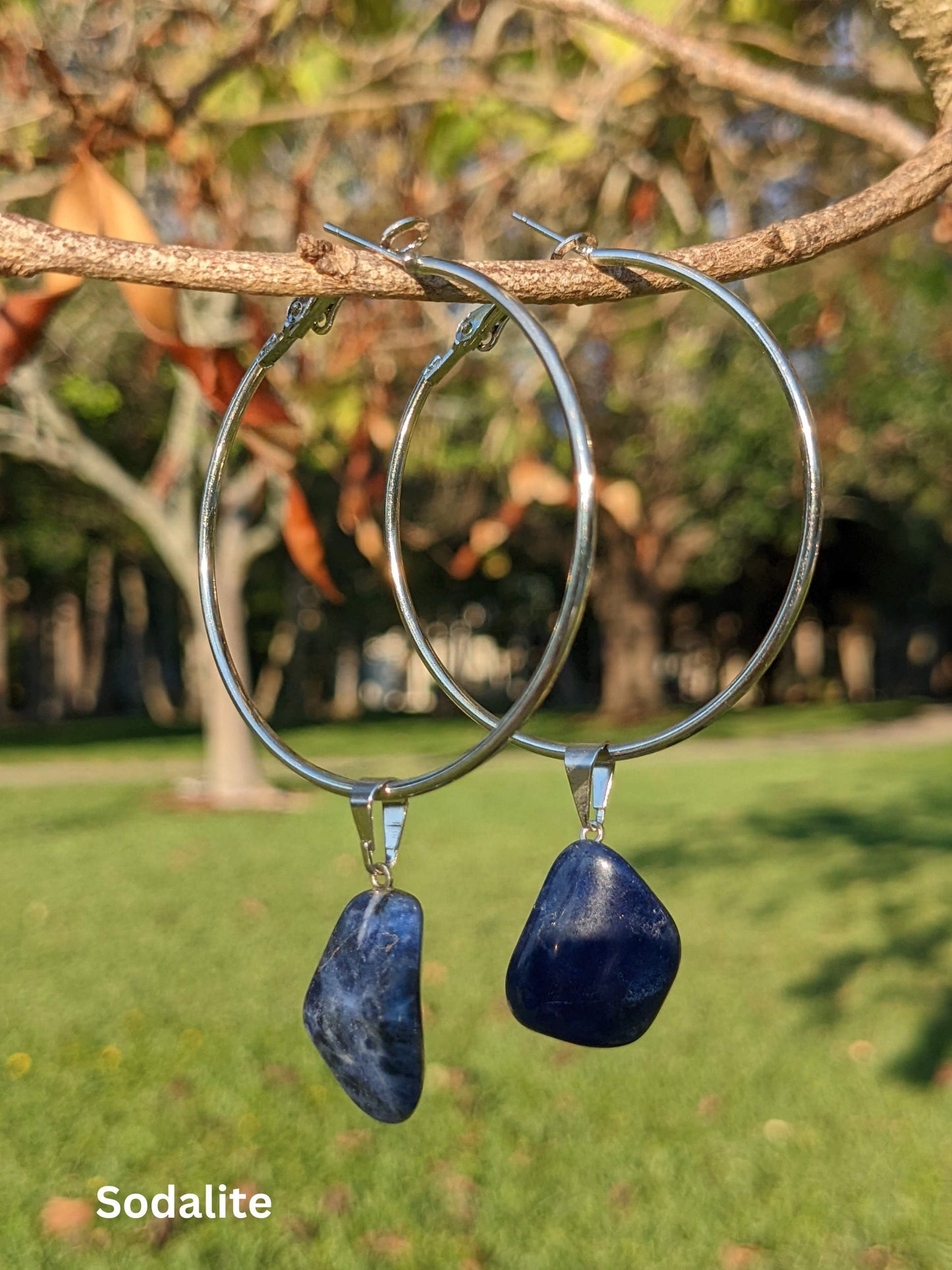 Enchanted Stone Hoop Earrings with suspended natural Brazilian gemstones — available in Fire Agate, Sodalite, or Milk Quartz – Mother Mystique Jewelry