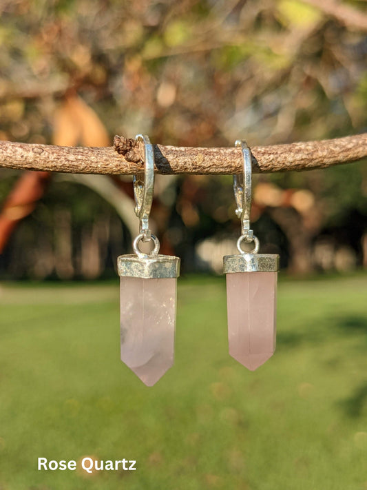 Earth’s Edge Earrings with silver-toned hoops and pointed Brazilian crystal pendants — available in Amazonite, Amethyst, or Rose Quartz – Mother Mystique Jewelry
