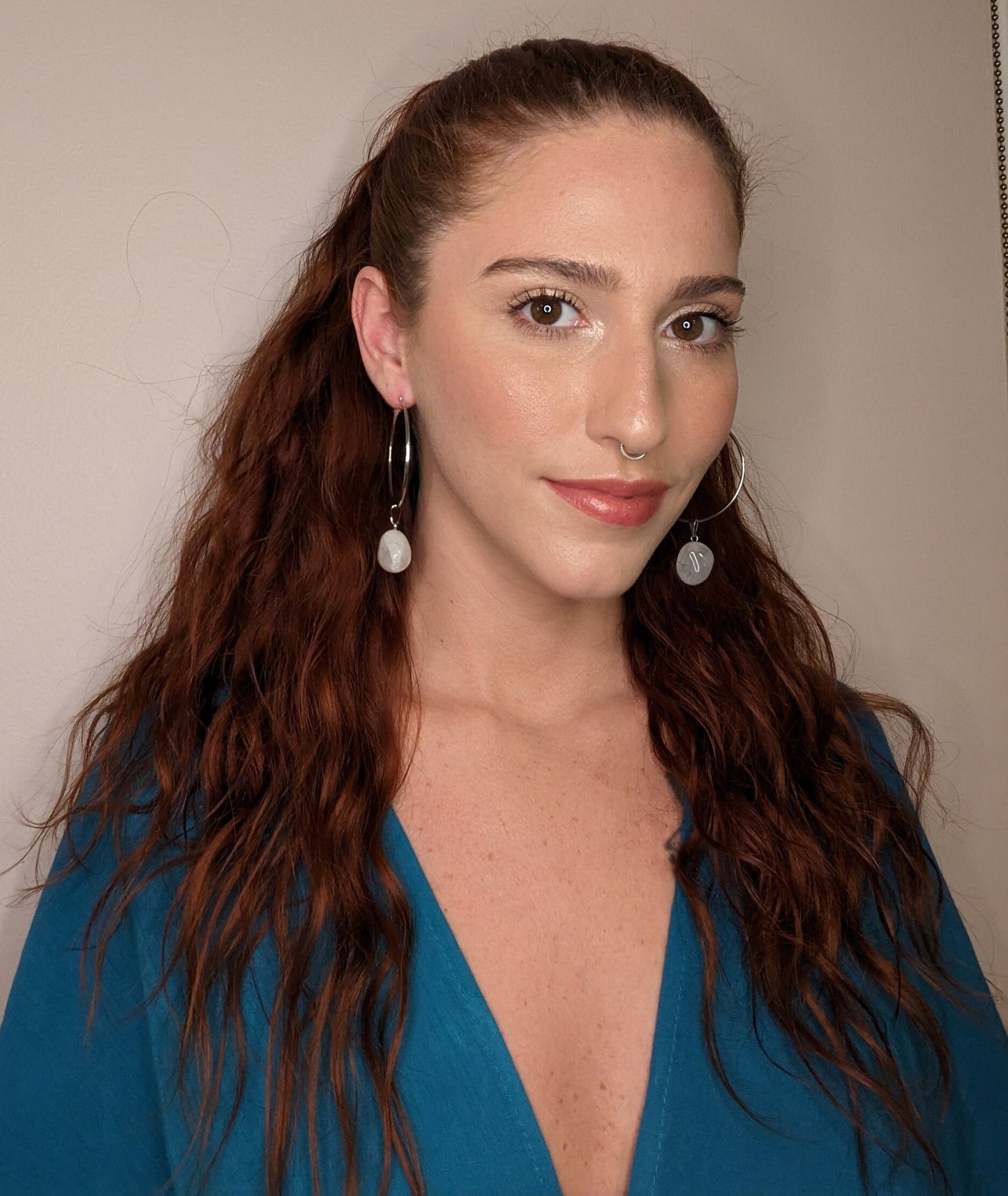 Enchanted Stone Hoop Earrings with suspended natural Brazilian gemstones — available in Fire Agate, Sodalite, or Milk Quartz – Mother Mystique Jewelry
