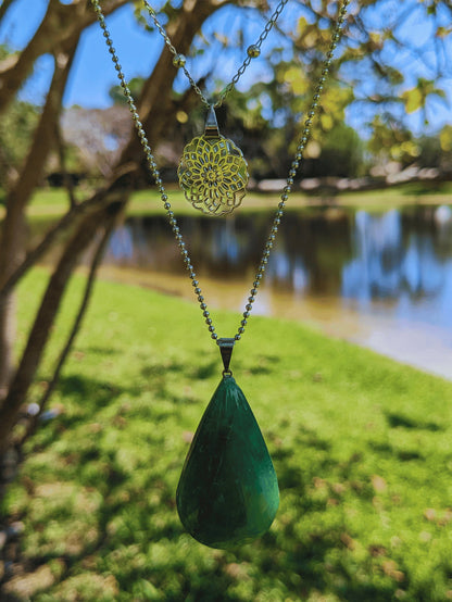 Celestial Twin Necklace with mandala charm and faceted Brazilian gemstone drop – available in blue quartz, rose quartz, or aventurine – Mother Mystique Jewelry
