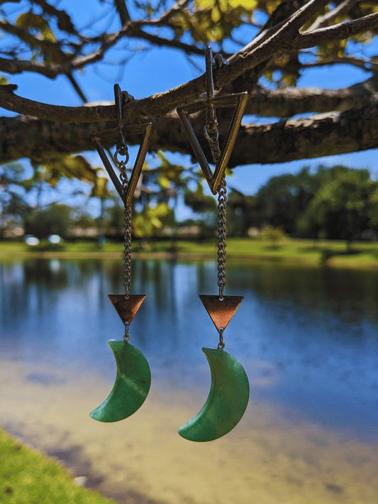 Lunar Quartz Dangle Earrings with crescent moon-shaped Brazilian gemstones — available in blue quartz or aventurine – Mother Mystique Jewelry