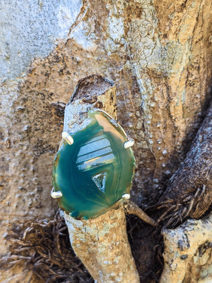 Agate Odyssey Ring with natural Brazilian agate slice and silver-plated adjustable band – Mother Mystique Jewelry