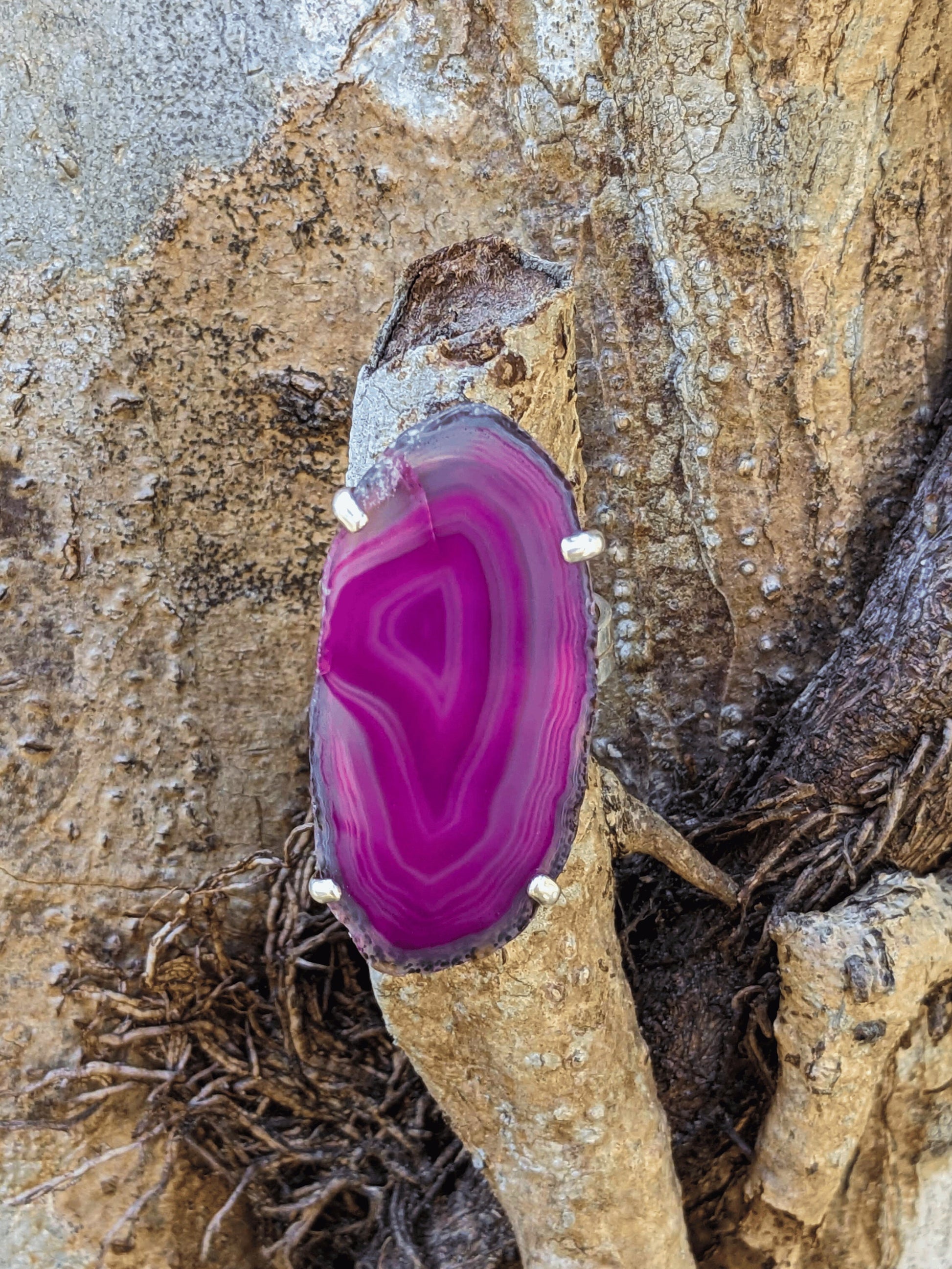 Agate Odyssey Ring with natural Brazilian agate slice and silver-plated adjustable band – Mother Mystique Jewelry