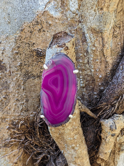 Agate Odyssey Ring with natural Brazilian agate slice and silver-plated adjustable band – Mother Mystique Jewelry