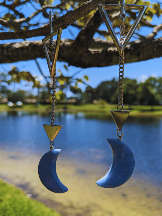 Lunar Quartz Dangle Earrings with crescent moon-shaped Brazilian gemstones — available in blue quartz or aventurine – Mother Mystique Jewelry