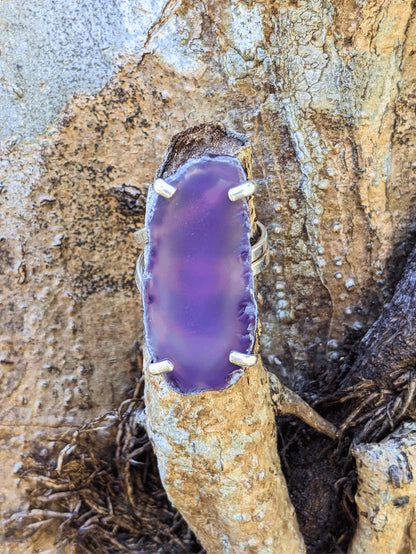 Agate Odyssey Ring with natural Brazilian agate slice and silver-plated adjustable band – Mother Mystique Jewelry