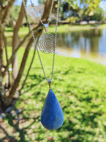 Celestial Twin Necklace with mandala charm and faceted Brazilian gemstone drop – available in blue quartz, rose quartz, or aventurine – Mother Mystique Jewelry