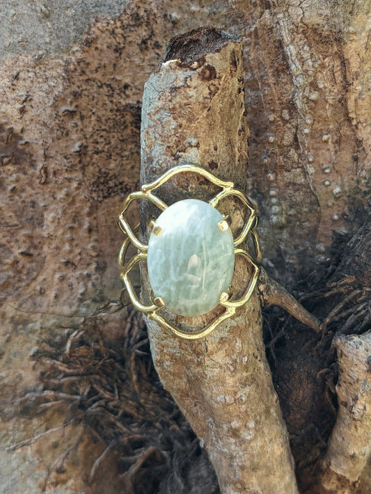 Nature’s Braid Ring with gold-toned braided band and natural Brazilian gemstone — available in Tiger’s Eye, Citrine, Amazonite, Black Onyx, or Blue Sodalite – Mother Mystique Jewelry