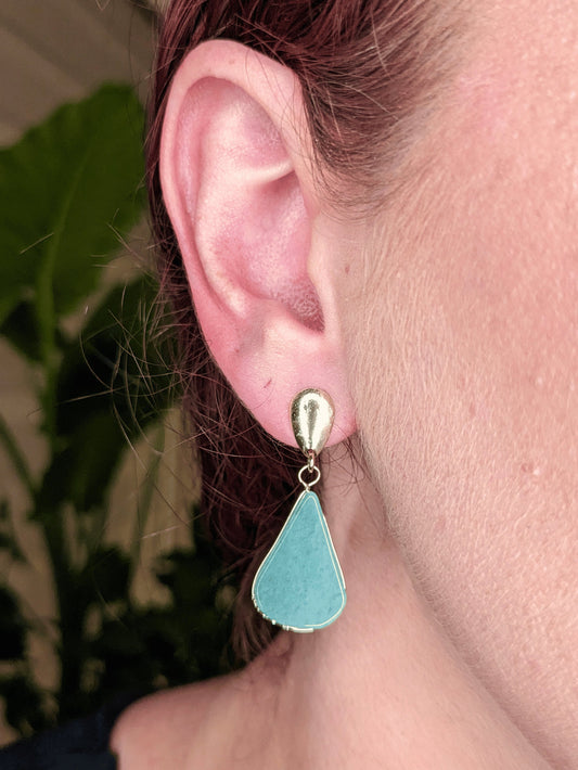 Droplet Delight Earrings with natural Brazilian gemstones — available in tiger’s eye, amazonite, blue quartz, or rose quartz – Mother Mystique Jewelry