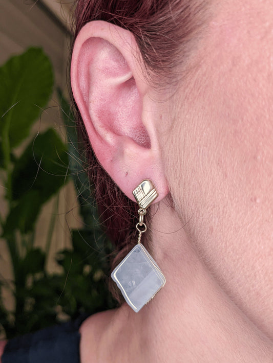 Lozenge Earrings with faceted natural Brazilian gemstones — available in green quartz, blue quartz, rose quartz, milk quartz, or crystal quartz – Mother Mystique Jewelry